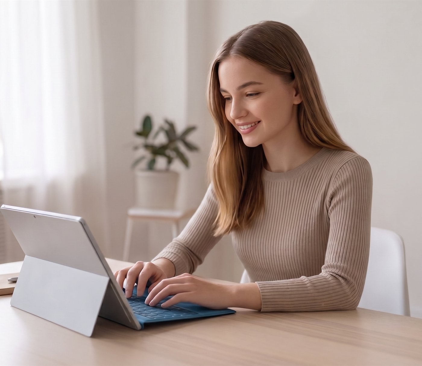 A learner typing on a tablet with MLTranslate Japanese Tutor open